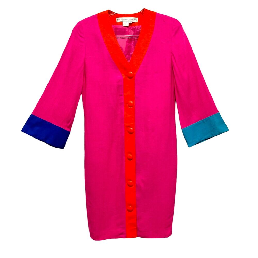 Vintage 80s Anne Crimmins Umi Bold Pink Orange Color Block Shirt Dress Size 6